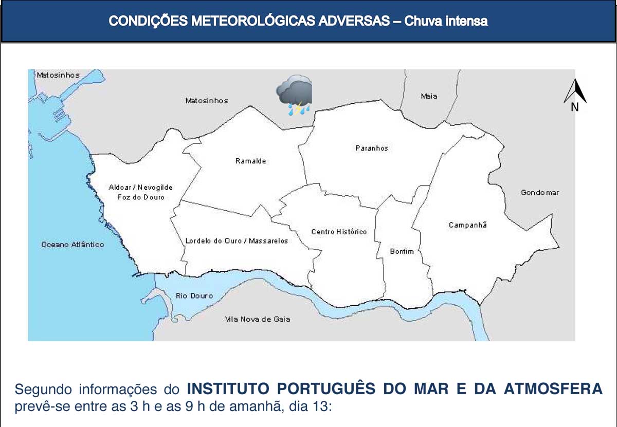 Proteção Civil Municipal do Porto avisa para a existência de condições meteorológicas adversas durante a próxima madrugada