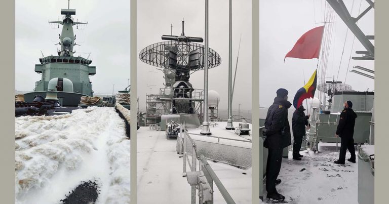 Tempestade de neve “pinta” de branco a fragata Bartolomeu Dias