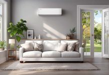 Ar Condicionado Eficiente: A gestão do consumo energético em contexto de calor extremo Sala de estar decorada em tons neutros com um ar condicionado eficiente instalado na parede branca sobre o sofá.