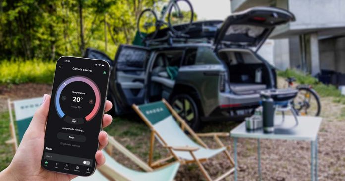 Aplicação MyŠkoda com o Modo Campismo ativo para manter a climatização durante uma pernoita num veículo elétrico Škoda