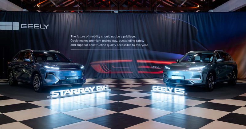 Geely E5 e Starray EM-i expostos durante a apresenta&ccedil;&atilde;o oficial da Geely em Portugal
