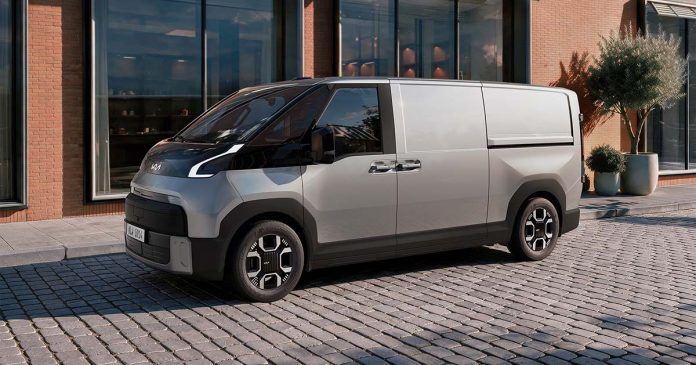 Kia PV7 elétrico Cargo visto de perfil em ambiente urbano