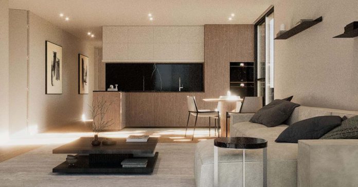 Vista da Bica em Odivelas, imagem de projeto do interior de um apartamento com sala e cozinha em espaço integrado