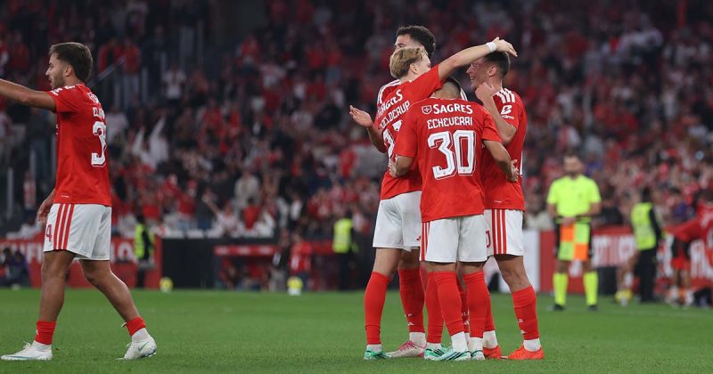 Jogadores encarnados abra&ccedil;am-se para festejar um golo no encontro entre Benfica e Gil Vicente, no Est&aacute;dio da Luz