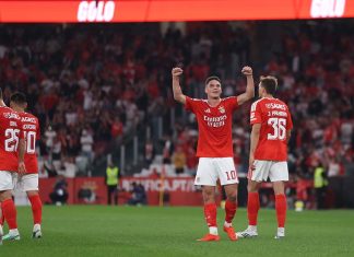 Benfica e Gil Vicente protagonizam noite de golos na Taça da Liga Sudakov de braços erguidos a festejar um golo no encontro entre Benfica e Gil Vicente, no Estádio da Luz