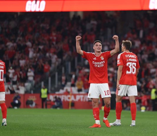 Benfica e Gil Vicente protagonizam noite de golos na Taça da Liga Sudakov de braços erguidos a festejar um golo no encontro entre Benfica e Gil Vicente, no Estádio da Luz