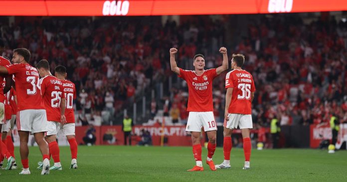 Sudakov de braços erguidos a festejar um golo no encontro entre Benfica e Gil Vicente, no Estádio da Luz
