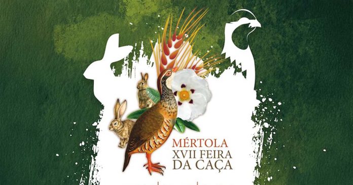 Imagem gráfica da XVII Feira da Caça de Mértola, com perdiz-vermelha, coelhos e elementos ilustrativos da fauna local
