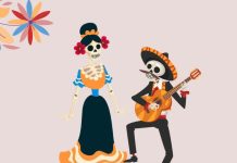 Halloween solidário no Inspira Liberdade junta famílias em apoio à CRESCER Cartaz do Halloween solidário no Inspira Liberdade, com dois esqueletos ilustrados, um deles a tocar guitarra, e motivos florais.