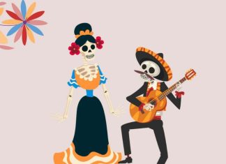 Halloween solidário no Inspira Liberdade junta famílias em apoio à CRESCER Cartaz do Halloween solidário no Inspira Liberdade, com dois esqueletos ilustrados, um deles a tocar guitarra, e motivos florais.