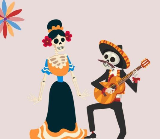 Halloween solidário no Inspira Liberdade junta famílias em apoio à CRESCER Cartaz do Halloween solidário no Inspira Liberdade, com dois esqueletos ilustrados, um deles a tocar guitarra, e motivos florais.