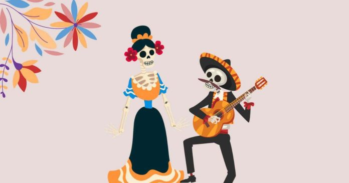 Halloween solidário no Inspira Liberdade Cartaz do Halloween solidário no Inspira Liberdade, com dois esqueletos ilustrados, um deles a tocar guitarra, e motivos florais.