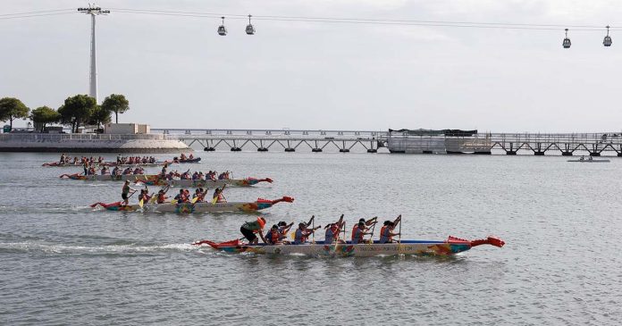 Embarcações do Lisboa Dragon Boat Festival nas águas do Parque das Nações, em Lisboa.