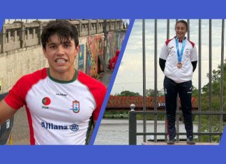 Mundial de Maratona 2026 com Gabriel Fernandes campeão e Maria Sousa no pódio Montagem de Gabriel Fernandes com o equipamento de Portugal e Maria Sousa com a medalha de bronze no Mundial de Maratona 2026