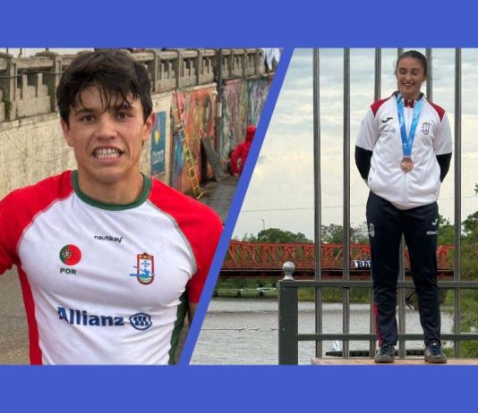 Mundial de Maratona 2026 com Gabriel Fernandes campeão e Maria Sousa no pódio Montagem de Gabriel Fernandes com o equipamento de Portugal e Maria Sousa com a medalha de bronze no Mundial de Maratona 2026