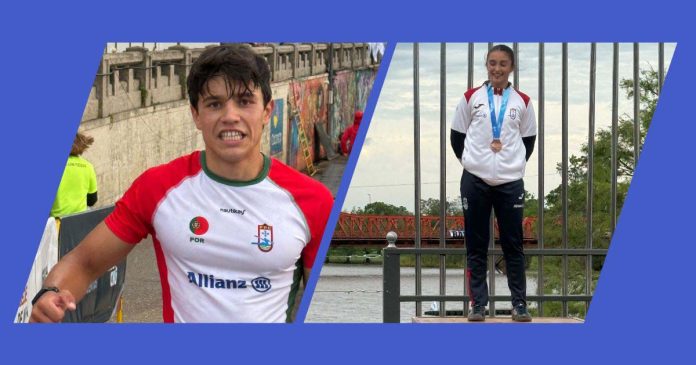 Montagem de Gabriel Fernandes com o equipamento de Portugal e Maria Sousa com a medalha de bronze no Mundial de Maratona 2026