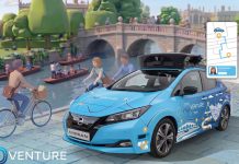 Nissan leva carros sem condutor às ruas do Reino Unido para estudar como poderão servir as cidades Nissan LEAF do projeto ADventure ilustrado num cenário urbano de Cambridge, com tecnologia de condução autónoma