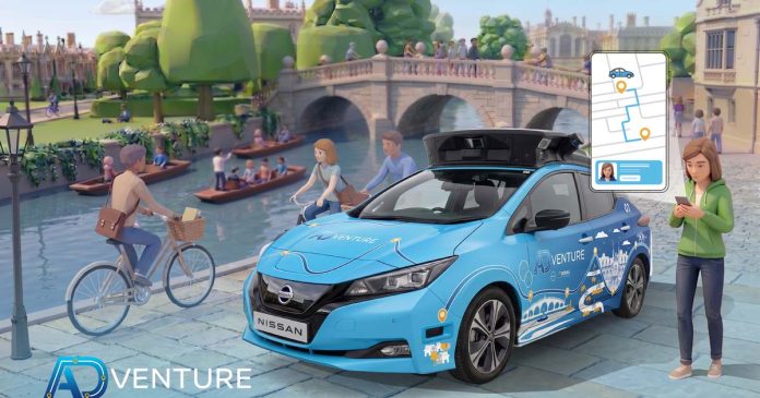 Nissan LEAF do projeto ADventure ilustrado num cenário urbano de Cambridge, com tecnologia de condução autónoma