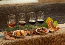 Quinta do Bomfim surpreende com quatro harmonizações de Vinho do Porto e castanha Quatro taças de Vinho do Porto da Quinta do Bomfim acompanhadas por biscoitos e castanhas