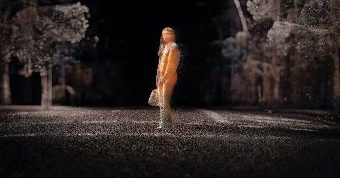 Volvo e inteligência artificial ilustradas por uma figura humana num cenário virtual de simulação.